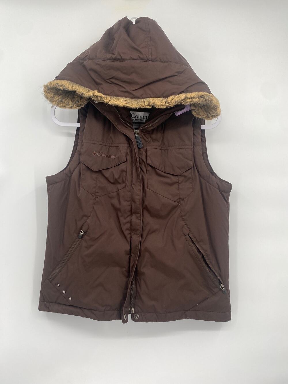 Columbia Brown Quilted Puffer Vest Faux Fur Hood L or XL